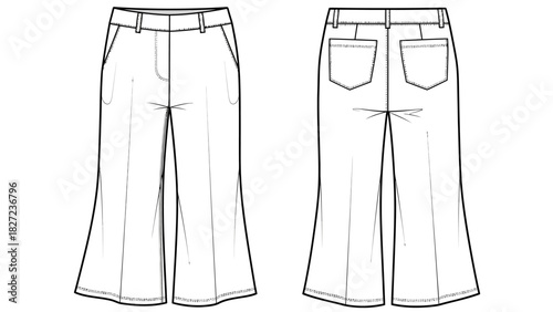 Fashion illustration of front and back view of culottes pants with pocket details