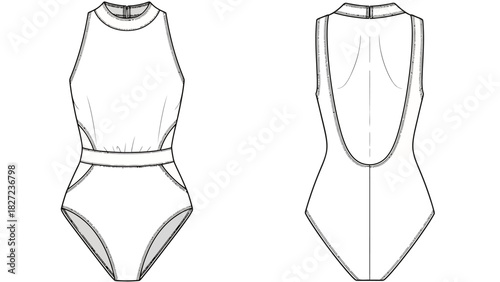 Stylish women's high-neck cutout one-piece swimsuit fashion illustration