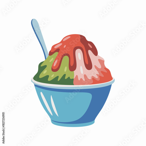 Colorful shaved ice dessert with various toppings and a spoon in a blue bowl.