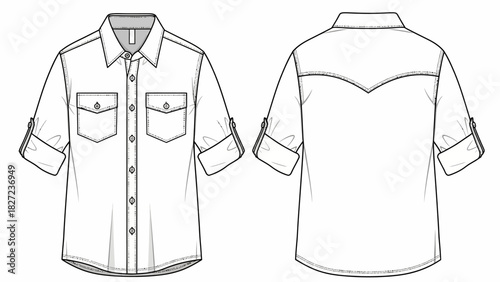 Front and Back View of a Classic Short-Sleeved Button-Up Shirt with Pocket Detail