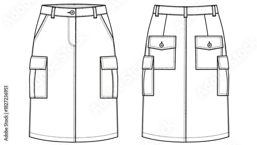Fashion flat sketch of a women's cargo skirt with front and back views
