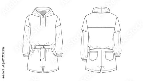 Fashion flat sketch of a hooded sweatshirt and shorts set for women's casual wear