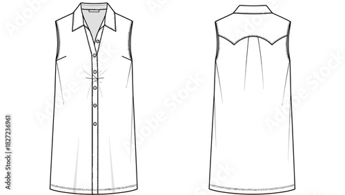 Fashion illustration of a sleeveless collared shirt, front and back view, for apparel design