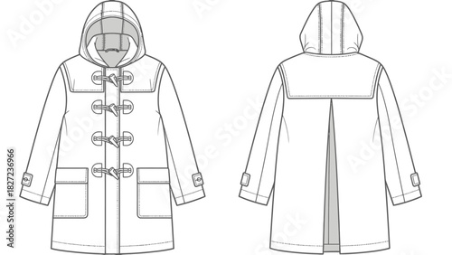Fashion illustration of a classic hooded toggle coat with detailed front and back views
