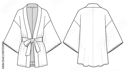 Fashion Design Front and Back View of a Stylish Kimono Jacket with Belt