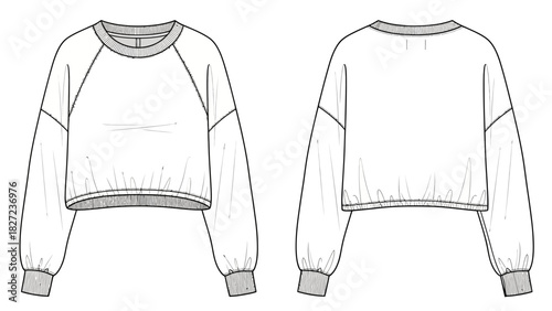 Fashion illustration of a long-sleeved cropped sweatshirt with elasticated cuffs and hem