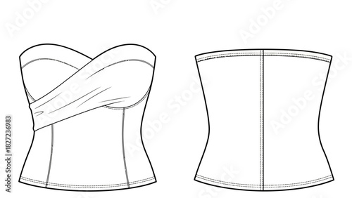 Fashion illustration of a strapless top with a crossover neckline front and back views