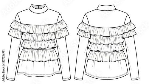 Fashion illustration of a women's long-sleeved blouse with ruffled layers and high neckline