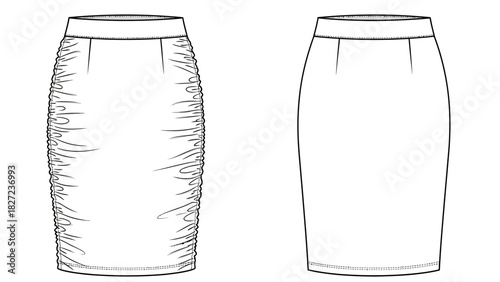 Fashion illustration of a ruched pencil skirt and a basic pencil skirt