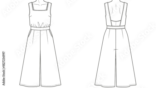Line drawing of a woman's wide-leg jumpsuit with a square neckline