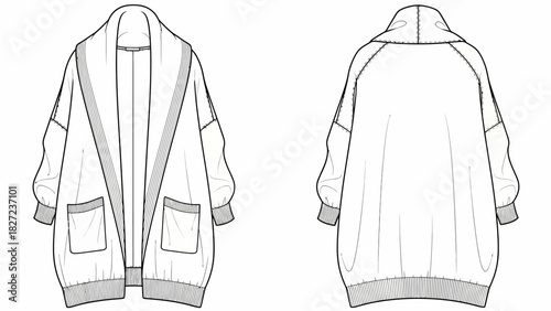 Fashion flat sketch of a women's bomber jacket with shawl collar and pockets