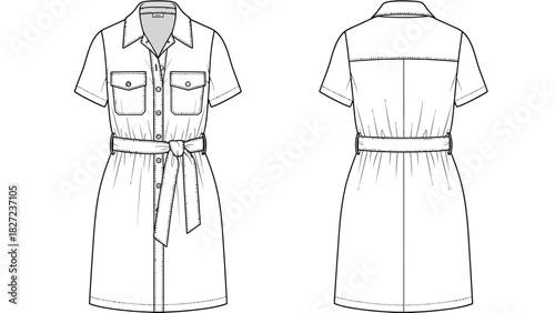 Fashion illustration of a woman's short-sleeved shirt dress with a belt and pockets, front and back views
