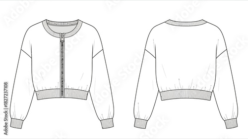 A flat sketch of a cropped bomber jacket with a zipper and elastic cuffs, shown front and back