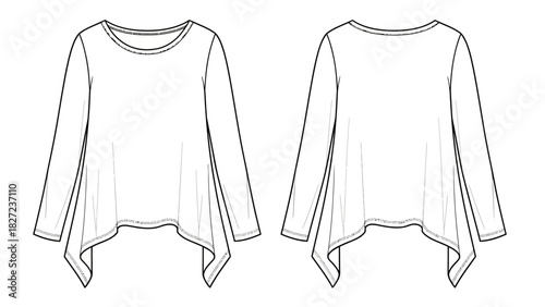 Long-sleeved flared hem t-shirt flat sketch vector illustration of fashion garment