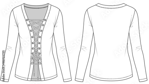 Fashion illustration of a women's long-sleeved lace-up top, front and back view