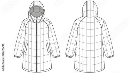 Front and back view of a simple quilted hooded jacket technical drawing on a white background