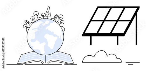Renewable energy concept. Renewable energy ed by solar panels, a globe for sustainability, and an open book education. Renewable practices for the environment, science, learning, eco-friendliness