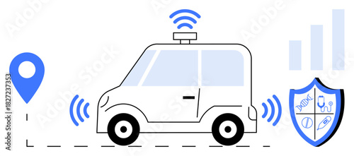 Autonomous vehicle. Autonomous vehicle technology GPS-based navigation, connectivity capabilities, and advanced safety systems. Autonomous vehicle innovations for smart cities, mobility