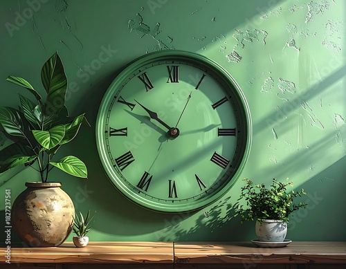 A classic clock with roman numerals hangs on a textured green wall, accompanied by potted plants on a wooden surface