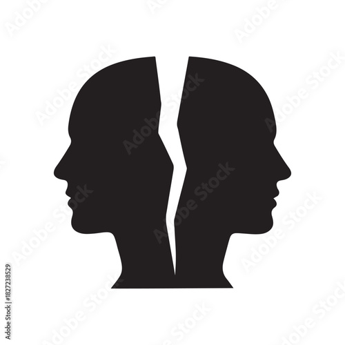 Silhouette of Two Faces Separated by a Crack Symbolizing Mental Health Issues and Relationship Problems