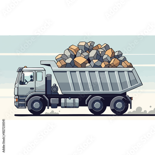 A detailed illustration showcases a loaded dump truck, transporting a large pile of rocks against a light blue sky, ideal for construction projects.