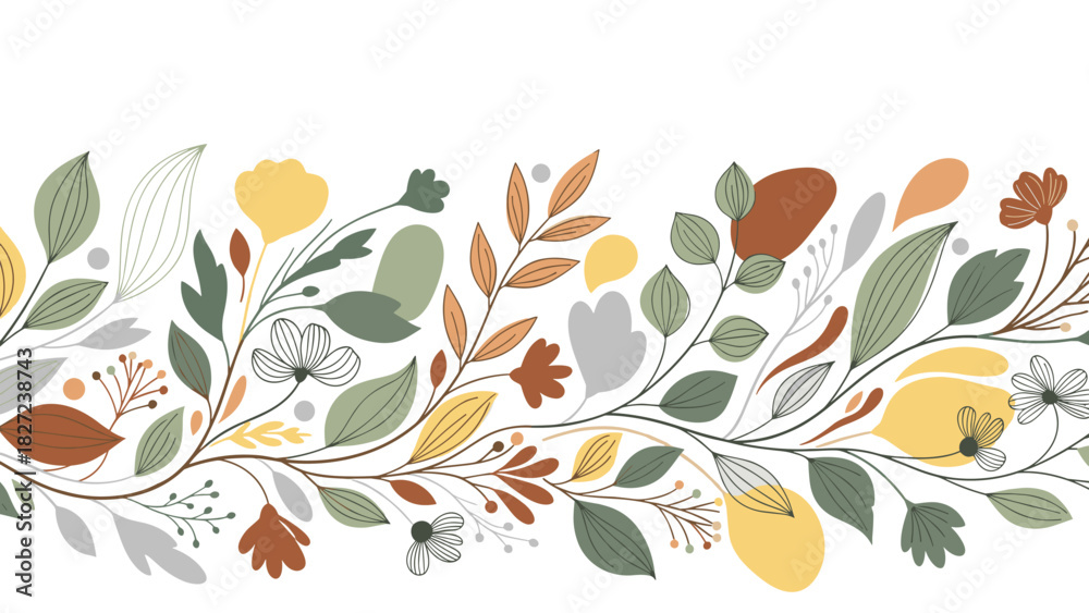 Fototapeta premium Floral border with leaves and flowers in muted earth tones