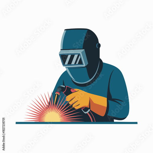 An illustration of a welder wearing a protective helmet and gloves, actively engaged in the welding process with bright sparks emanating from the work.