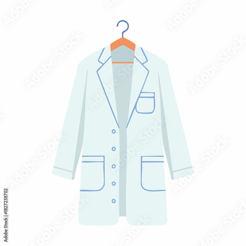 Light blue lab coat with blue trim and pockets hanging on a wooden hanger, symbolizing medical or scientific attire.