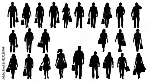 Silhouettes of people related to the theme of shopping. Vector illustration, transparent background SVG version.