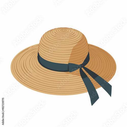 A classic wide-brimmed straw sun hat with a dark blue ribbon tied in a bow, perfect for summer fashion and beach protection.