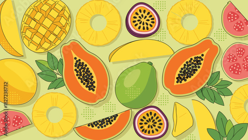 Illustration of various tropical fruits on a light green background