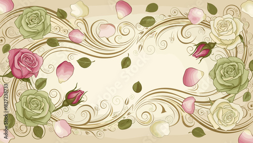 Floral design with roses petals and decorative swirls art