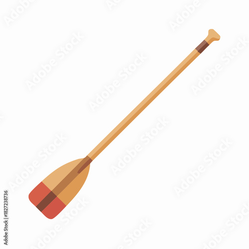 A single wooden canoe paddle with a light brown shaft and a red-tipped blade, isolated on a white background.