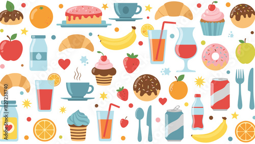 Various food and drink items arranged on a white background