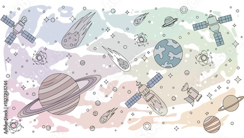 Illustration of planets satellites and comets in space art