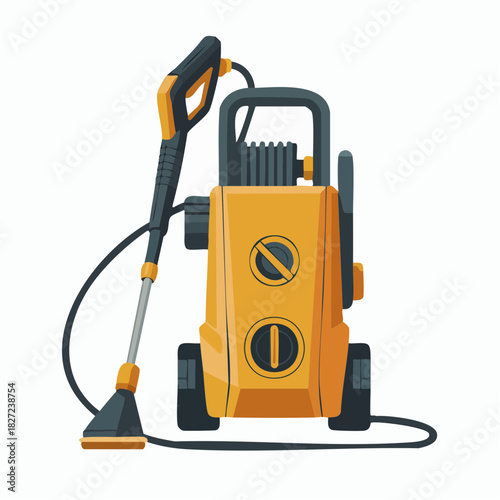 A yellow and black pressure washer with a spray gun and hose, used for outdoor cleaning tasks.