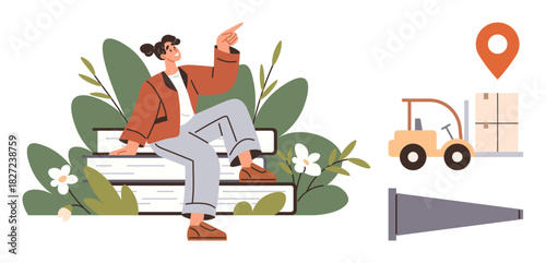 Young person seated on stacked books in nature surrounded by leaves and flowers, pointing forward. Forklift carrying package and location pin symbolize shipping, logistics, and direction. Ideal
