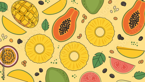 Seamless pattern of various tropical fruits on yellow background