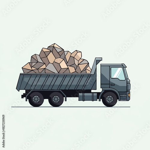 A vector illustration depicts a gray dump truck filled with a large quantity of rocks, ready for transportation on a light background.
