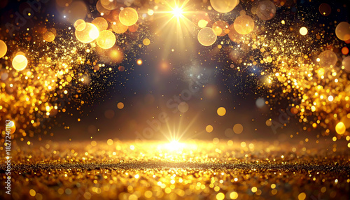 キラキラした黄金の光の粒子が降り注ぐ背景素材　豪華なお祝い