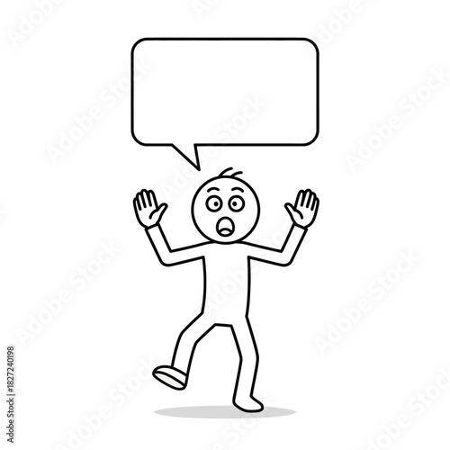 Stickman with raised hands showing an amazed shock reaction and speech bubble. Minimal illustration.