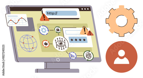 Computer monitor with malware icons, alert symbols, stats, and gears. Ideal for cybersecurity, IT risk, data privacy, hacking prevention, internet safety system monitoring simple flat metaphor
