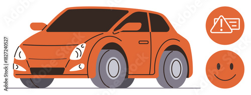 Orange compact car with icons for warning alert and a happy face. Ideal for safety, diagnostics, transportation, car maintenance, automotive technology, driving tips, simple flat metaphor