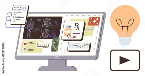 Computer screen with medical records, genetic data, charts, and AI visuals. Ideal for health tech, AI, research, telemedicine innovation informatics analytics. Simple flat metaphor