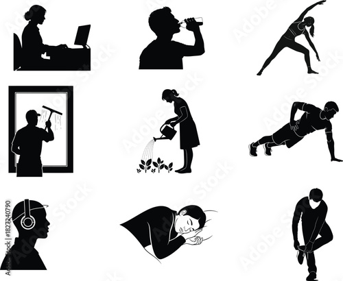 Silhouette collection of daily life activities and exercises on white