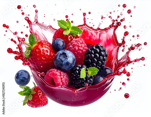 Vibrant Berry Splash - Fresh Strawberries, Blueberries, Raspberries, and Blackberries Bursting with Juice.