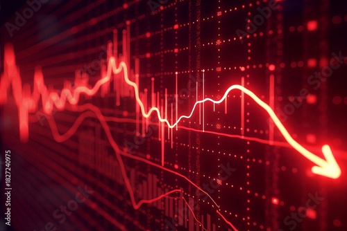 Red stock chart shows sharp decline, arrow points down. Financial data and candlestick patterns indicate market crash or downturn trend.