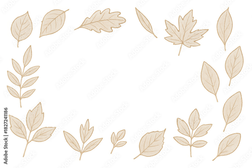 Fototapeta premium Autumn leaves border design creating a natural frame, beige foliage elements on transparent background for seasonal decor
