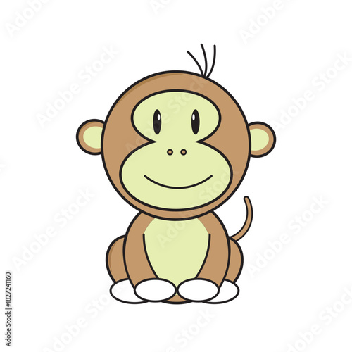 Cute ape toon in clean flat line art sits in calm pose on white view for sweet vector art use in fun kid theme and soft warm look for print or web