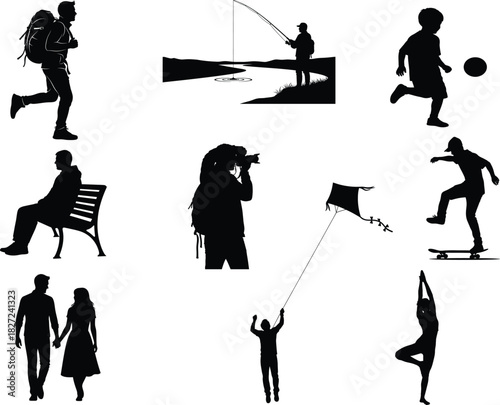 Silhouettes of people engaged in various activities and hobbies